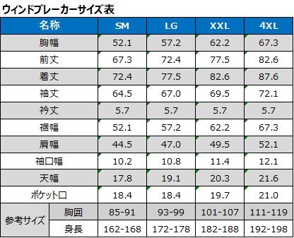 ウィンドブレーカーサイズ表